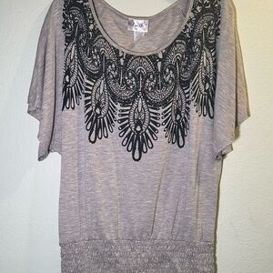 Lavish Gray Blouse with Black Lace Accent